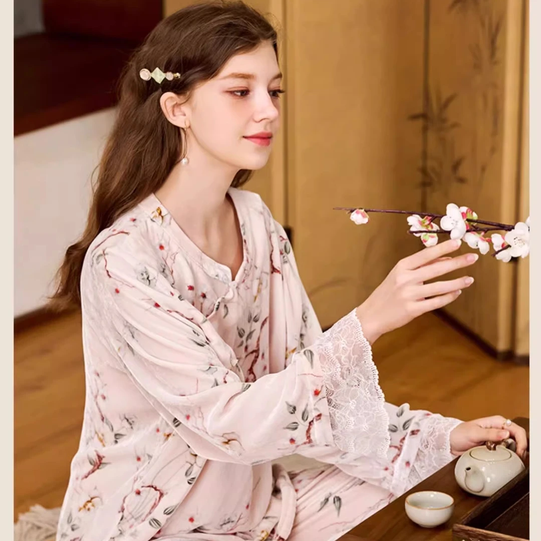 美标丝绒睡衣重磅100桑蚕丝女士新中式保暖透气套装家居服021188
