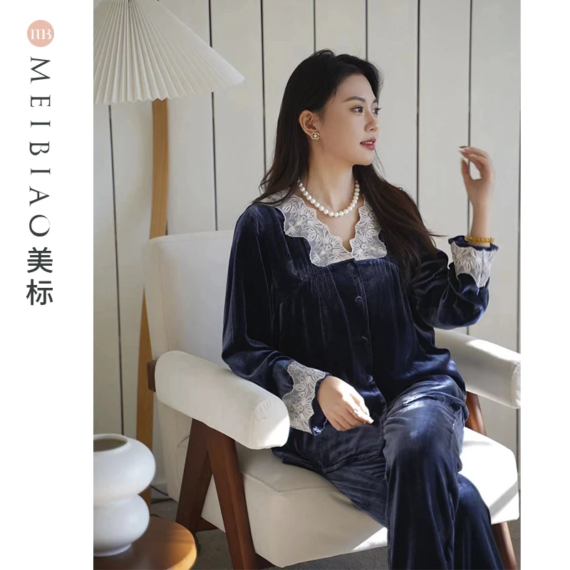 美标100%桑蚕丝19姆米秋冬高端真丝绒情侣套装家居服睡衣100145