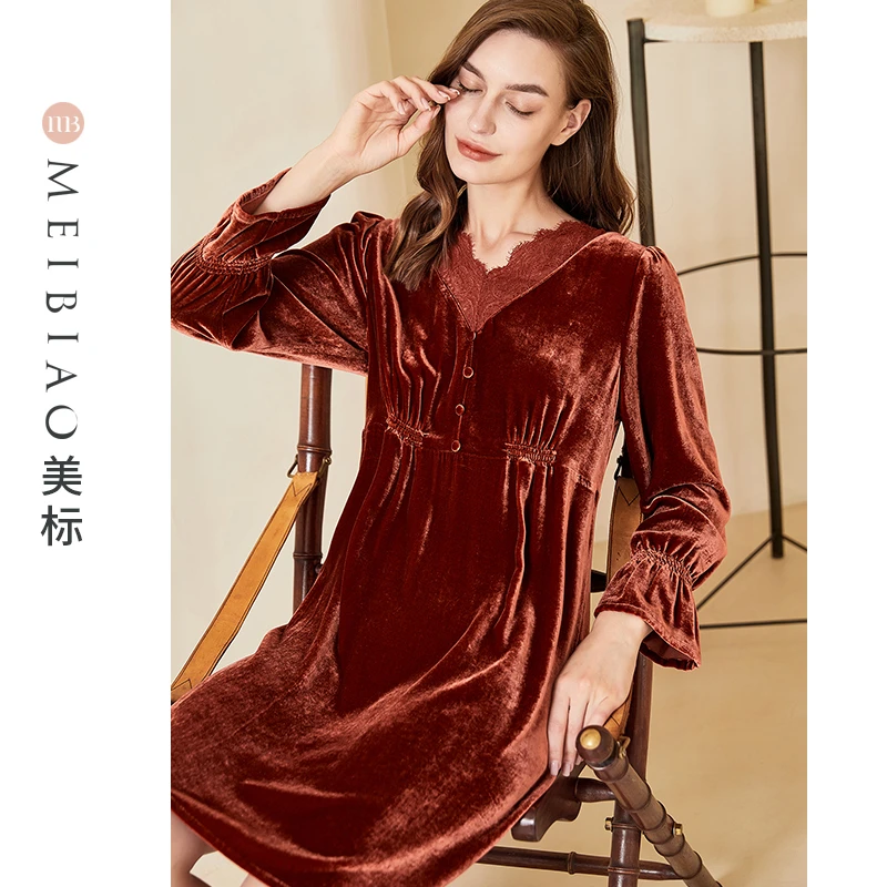 美标秋冬金丝绒睡衣女士长袖睡裙蕾丝花边可外穿 100063/100062