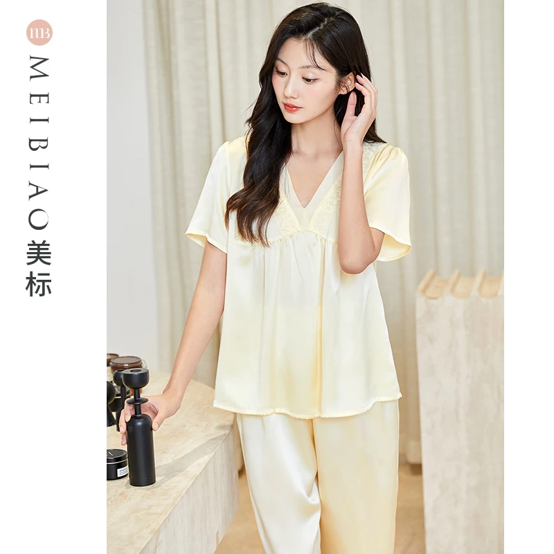 【美标】100桑蚕丝春秋款睡衣短袖套装女家居服100099