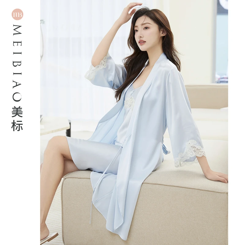 美标100%桑蚕丝女士宽松蕾丝吊带+睡袍家居服100160 100161