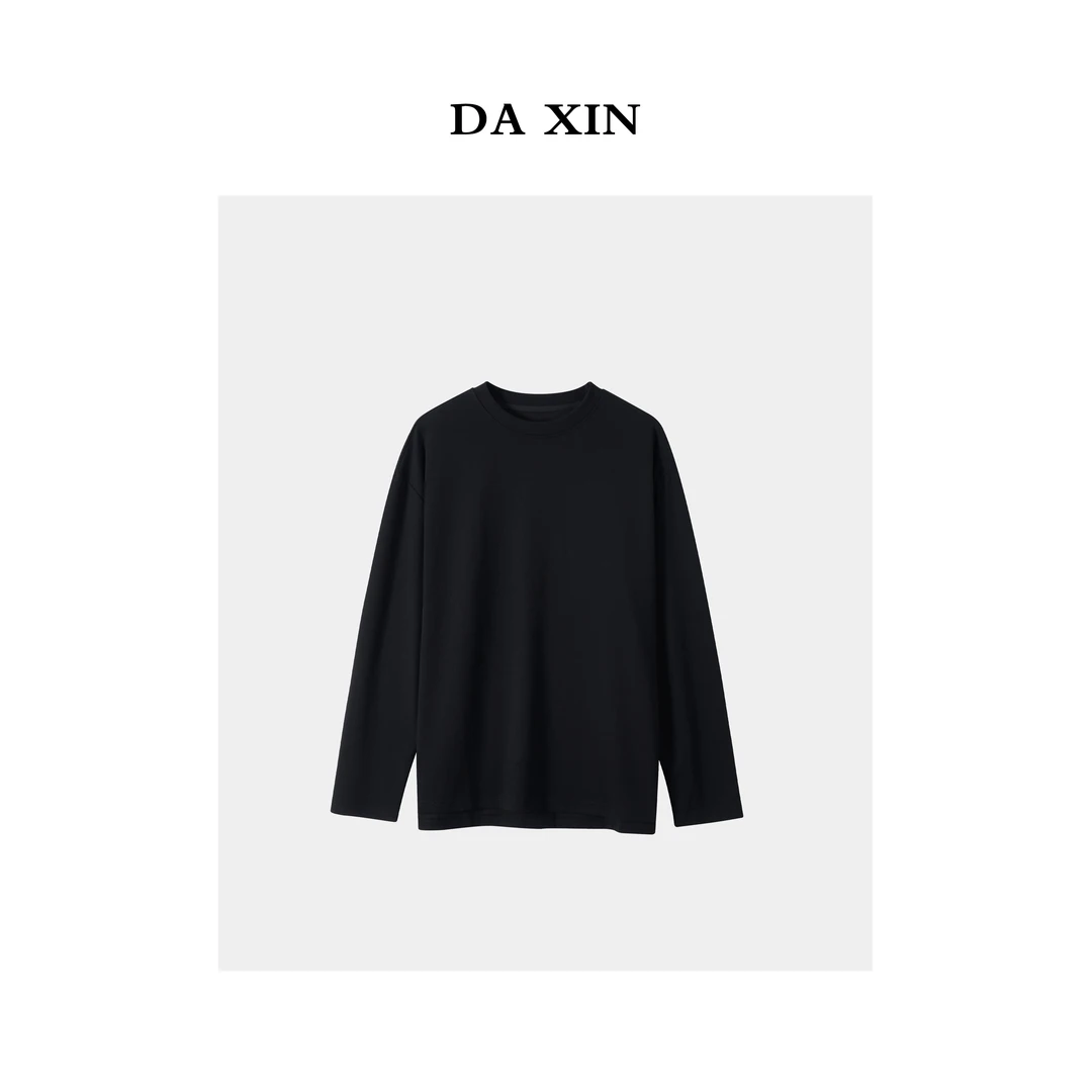 DA XIN 秋季新款男士百搭纯色下摆开叉T恤男宽松圆领长袖打底衫男