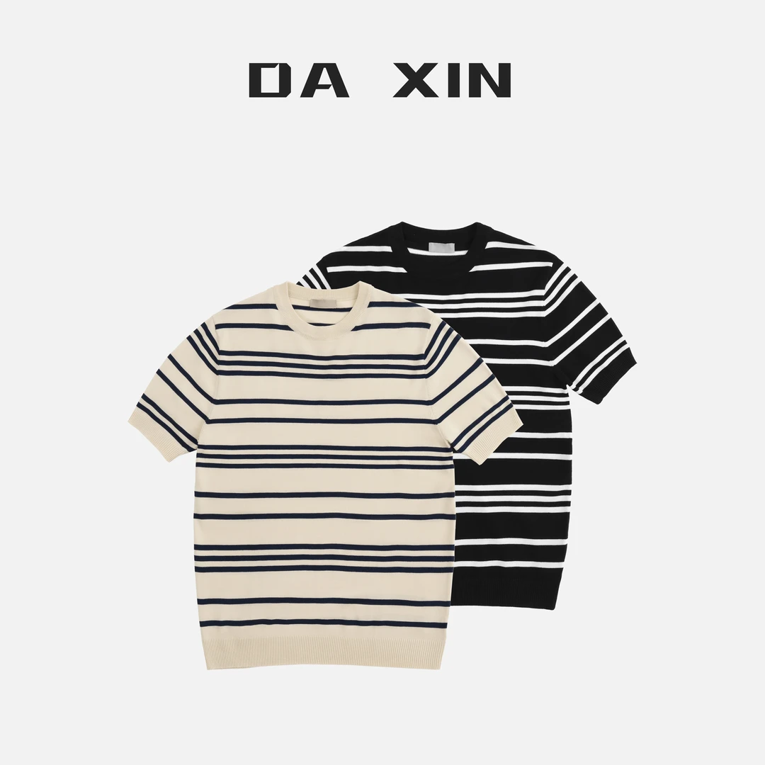 DA XIN 夏季男款高端冰丝圆领针织条纹短袖凉感撞色休闲套头T恤男