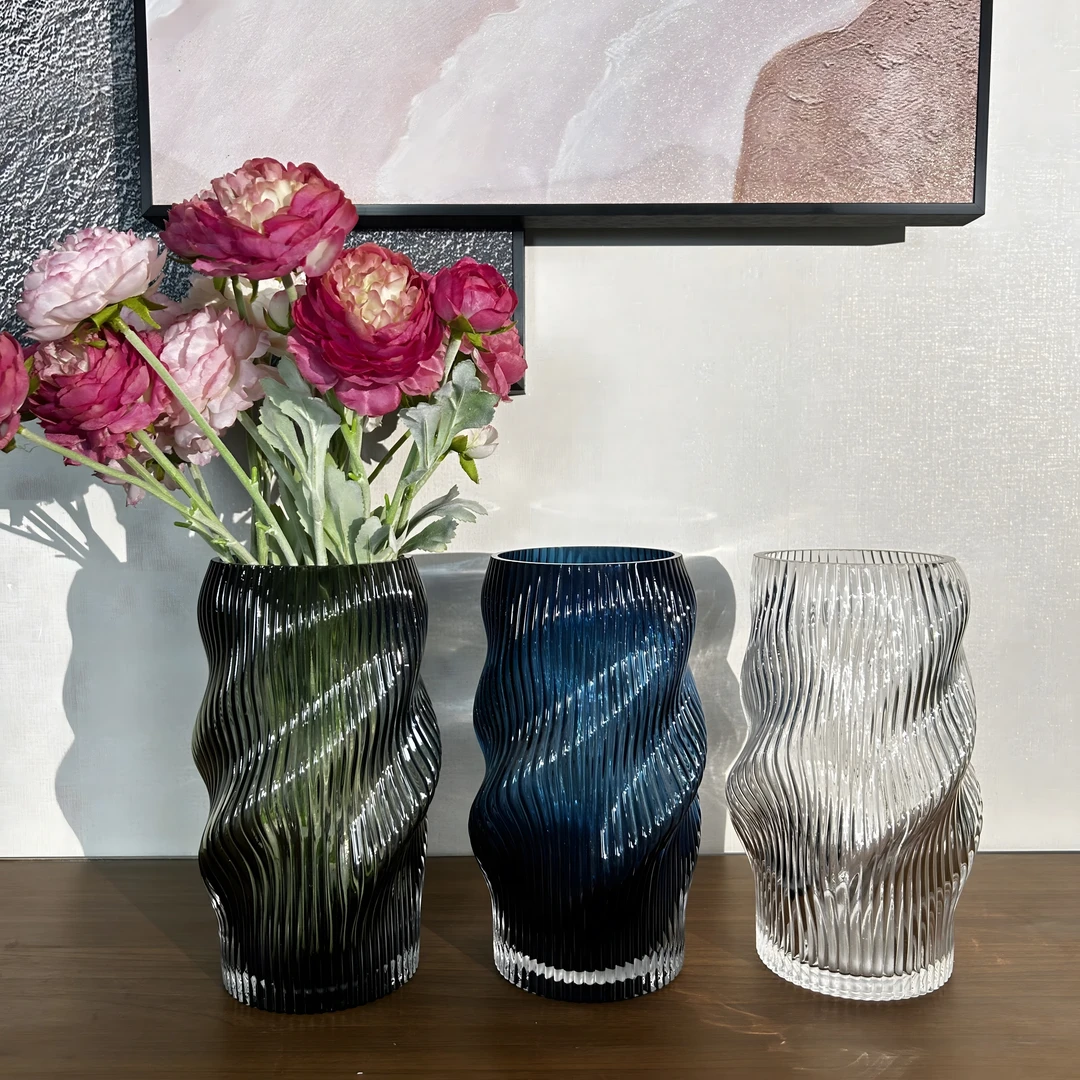 新中式风格加厚水晶玻璃花瓶麻花造型INS风客厅插花鲜花摆件餐桌