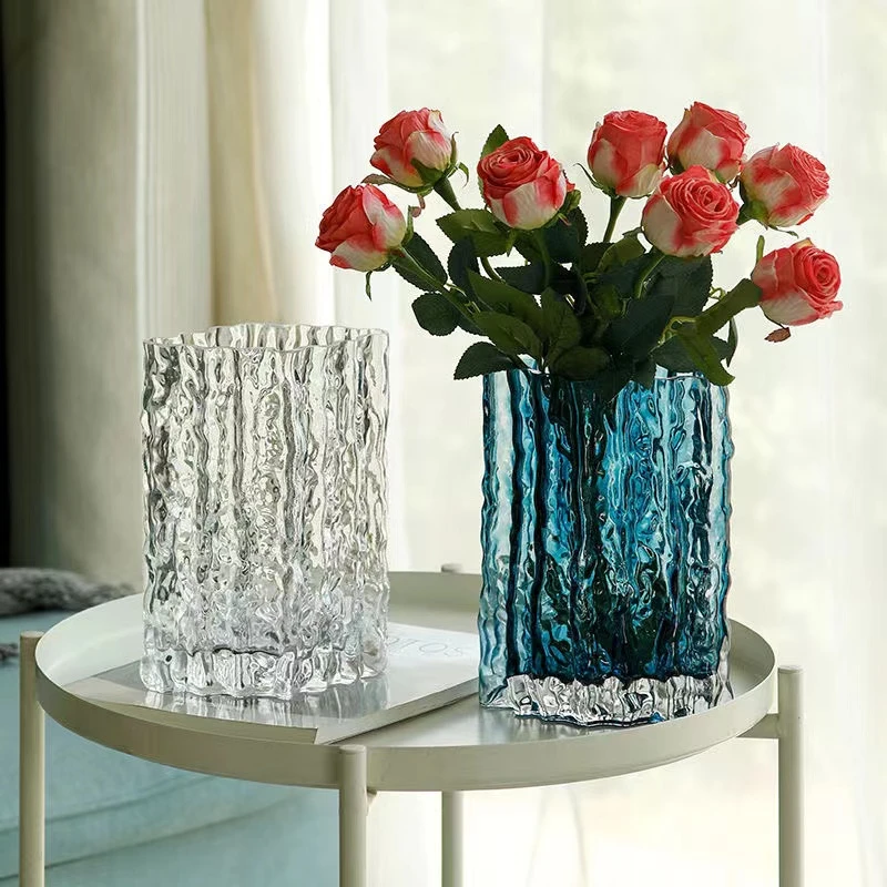 冰川|人工吹制玻璃花瓶不规则轻奢风插花客厅餐桌摆件水培简约