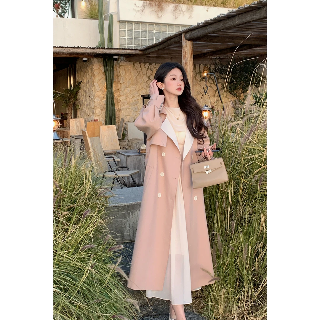 佐佐家小个子 气质双排扣拼色风衣女春季韩版宽松显瘦长款外套