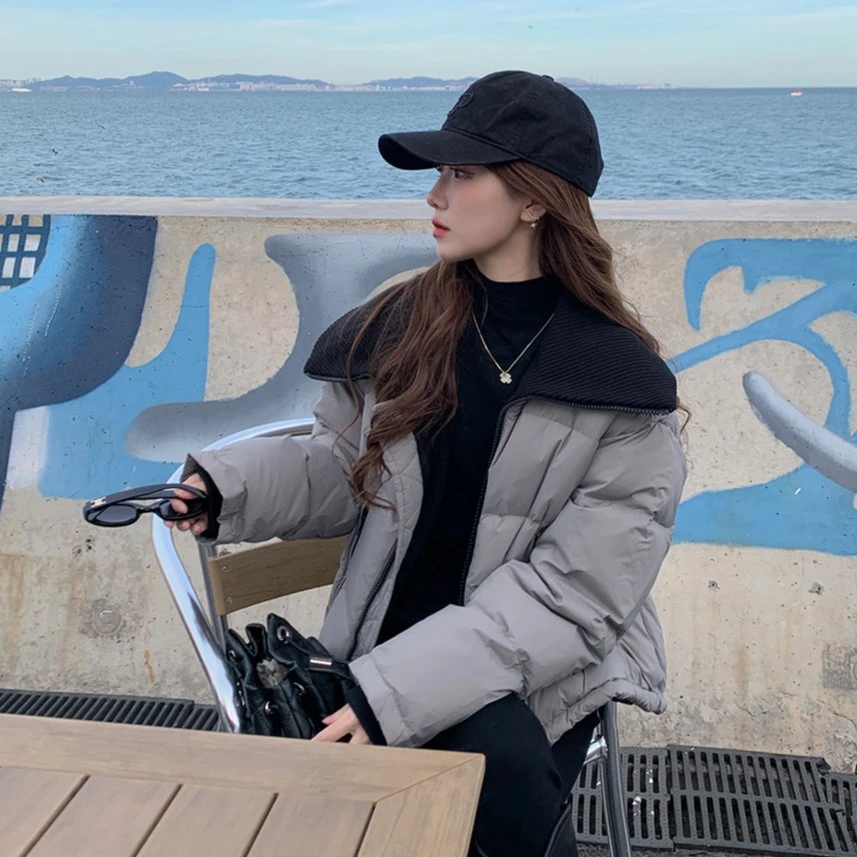 23100612气质翻领短款拼接面包服外套女冬季百搭显瘦羽绒服