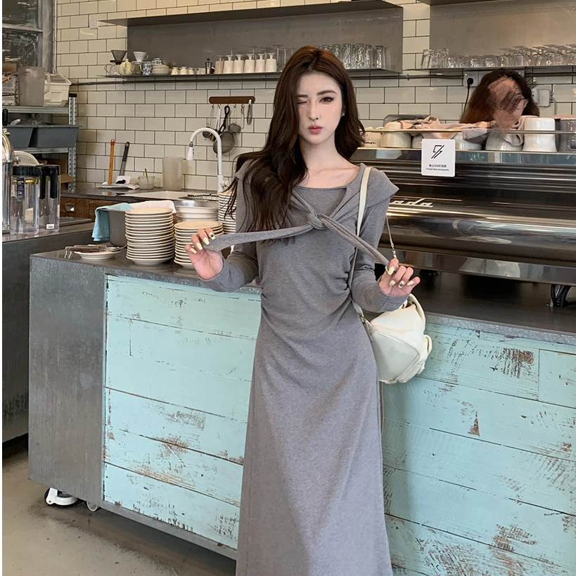 佐佐家小个子 设计感针织披肩长袖连衣裙女秋季a字修身显瘦长裙