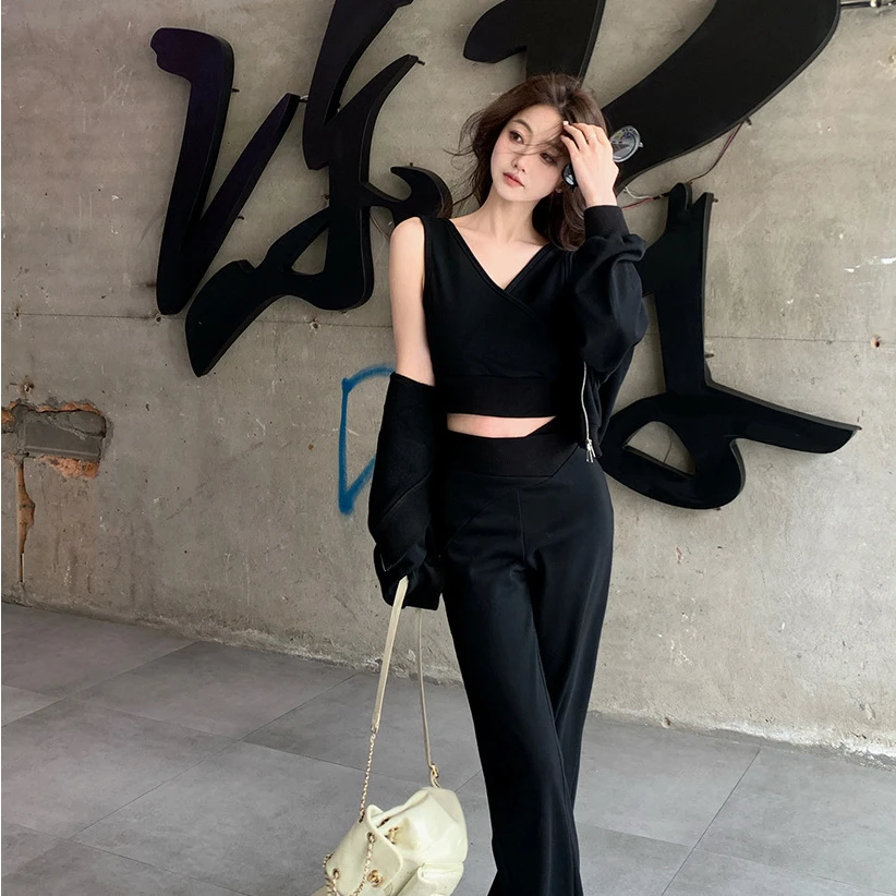 24022603L休闲运动套装女春夏季宽松卫衣外套开叉休闲裤三件套