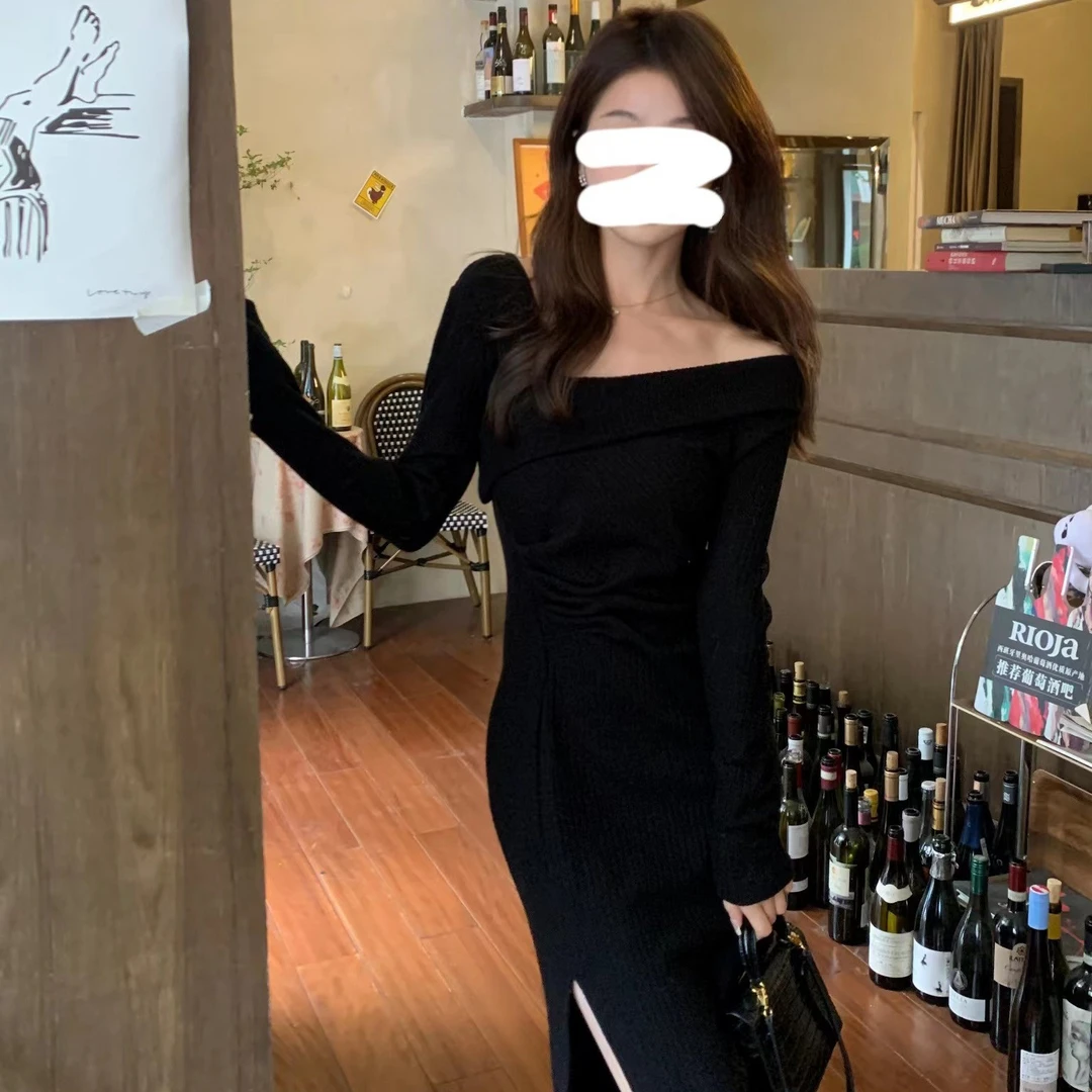 佐佐家小个子 圣诞战裙 露肩开叉针织连衣裙女秋冬修身中长款裙子