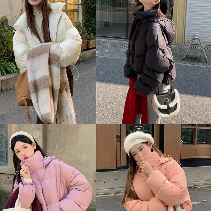 23110403L休闲连帽短款羽绒服女冬季简约保暖宽松立领棉服外套