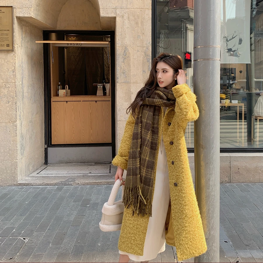 佐佐家小个子 圈圈毛直筒宽松单排扣大衣女秋冬季中长款圆领外套