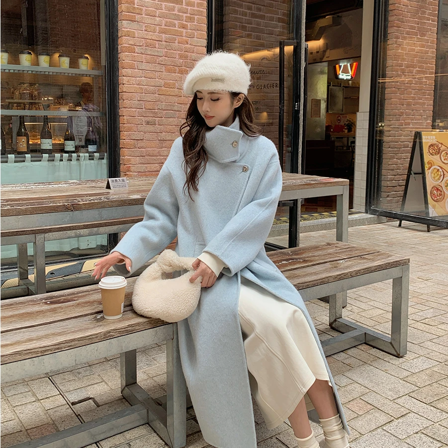 佐佐家小个子 韩系斜纹中长款毛呢外套女秋冬气质宽松立领大衣