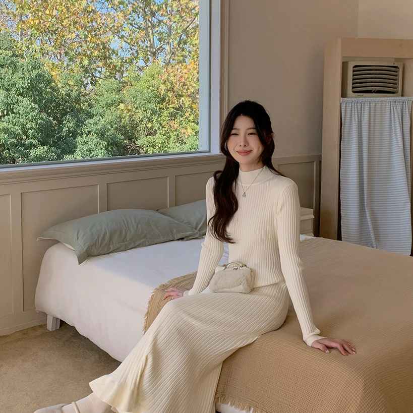 佐佐家小个子 半高领修身针织毛衣裙女冬季气质内搭打底连衣裙子