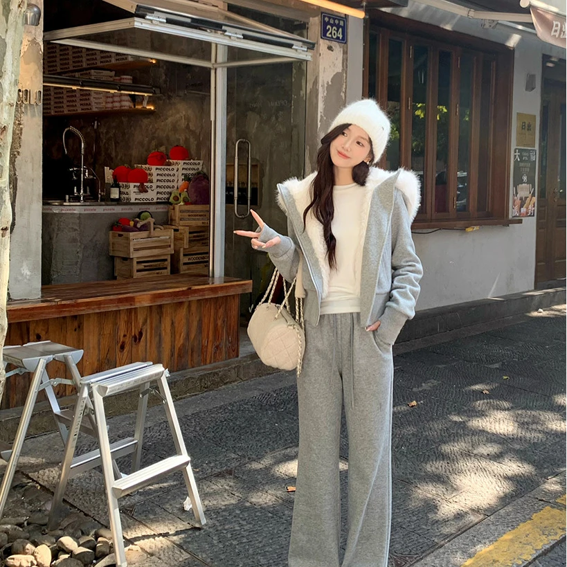 佐佐家小个子 连帽毛领加绒卫衣外套女冬季抽绳直筒休闲裤两件套
