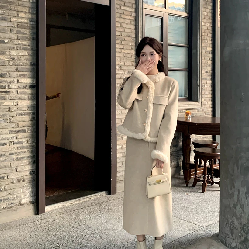 佐佐家小个子毛毛拼接气质毛呢套装女冬季小香外套国风新中式女装