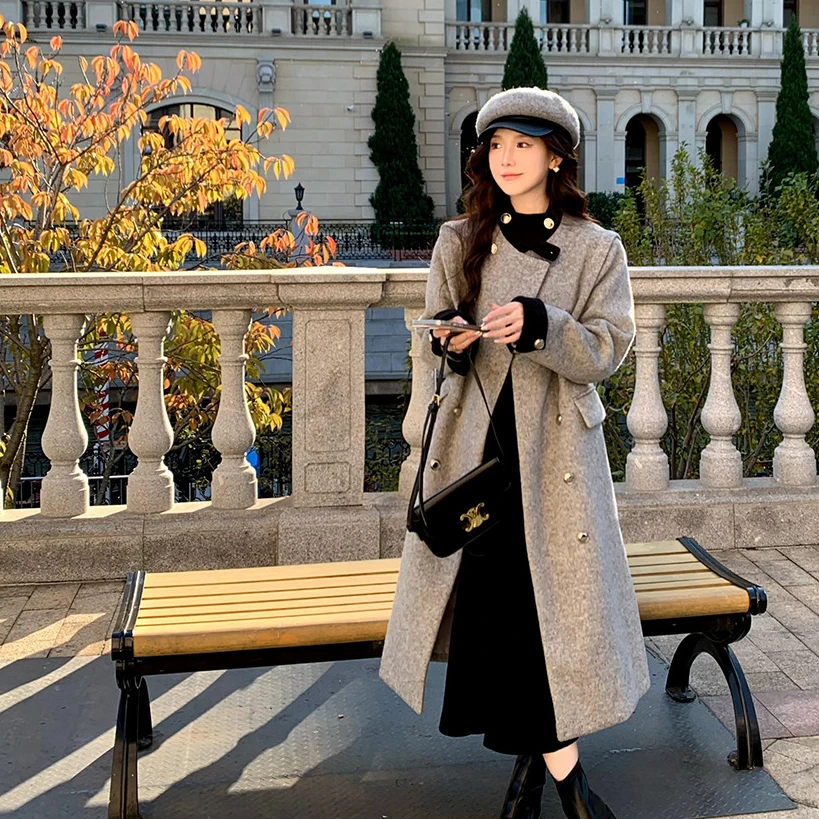 佐佐家小个子小香风立领双排扣单面呢大衣女冬季气质宽松毛呢外套