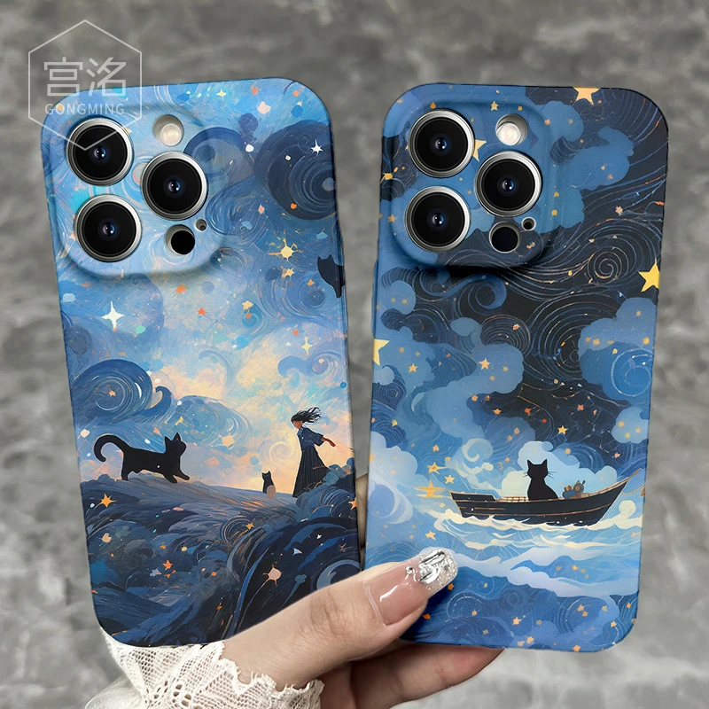 星空猫和女孩iPhone苹果14/13promax手机壳菲林华为oppo小米vivo