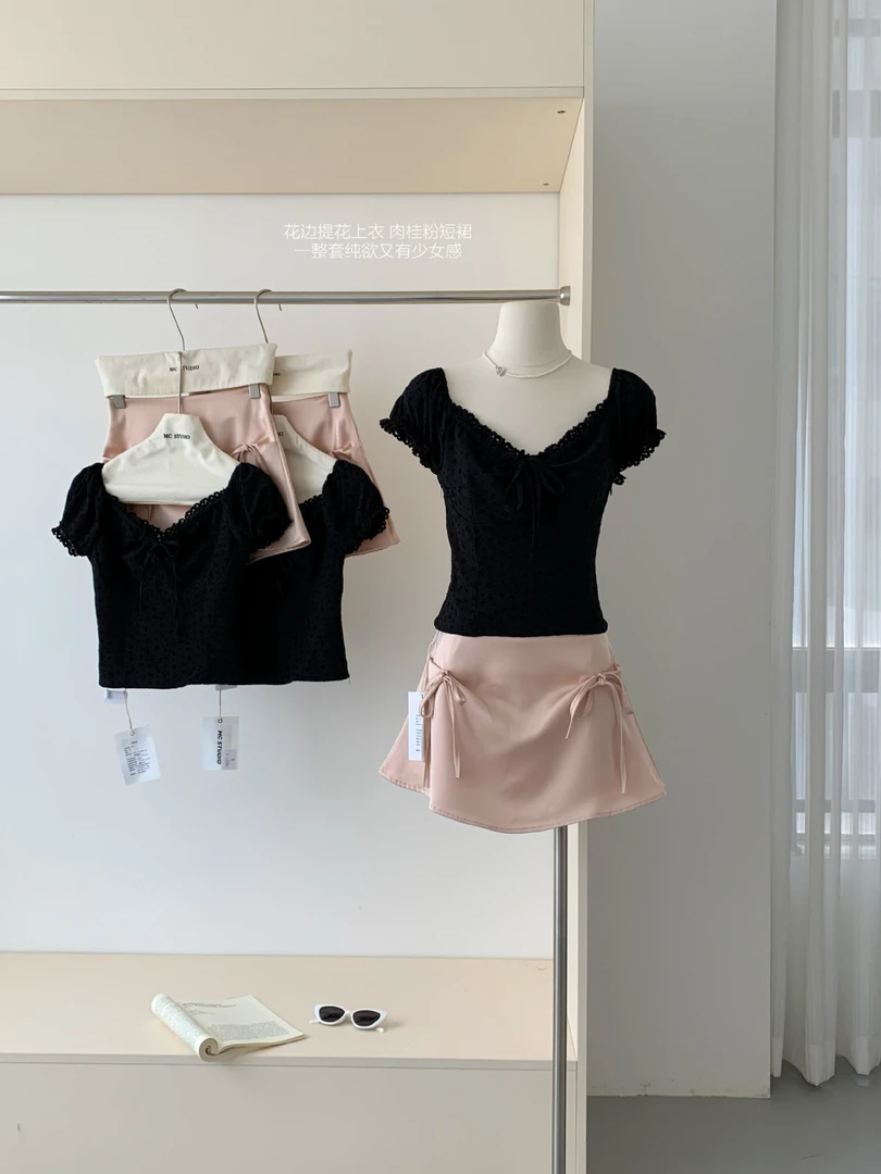 辣妹修身女装套装夏季丝绒提花上衣短袖甜美显瘦半身裙气质两件套