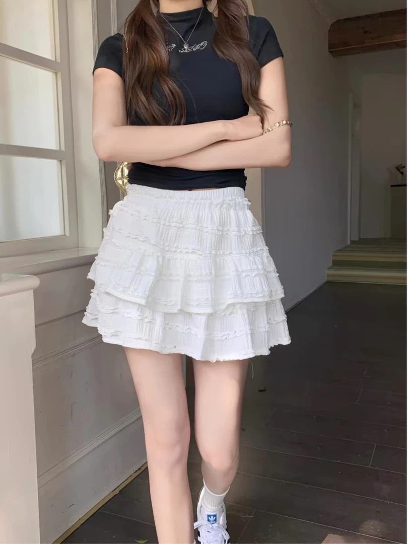 甜美白色半身蛋糕裙夏季显瘦半身裙小个子高腰短裙a字防走光裙子