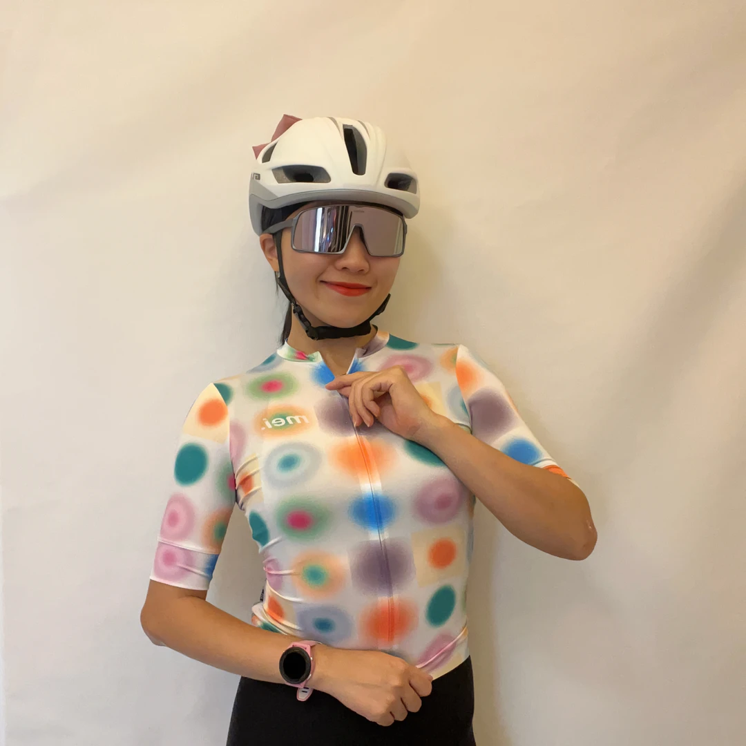 魅骑粉色短袖骑行服女款波点速干透气排汗防晒专业一哈哈户外