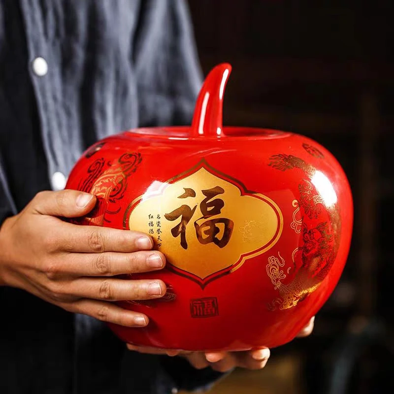 景德镇陶瓷罐子中国红牡丹结婚礼品客厅装饰品储物罐瓷红苹果摆件