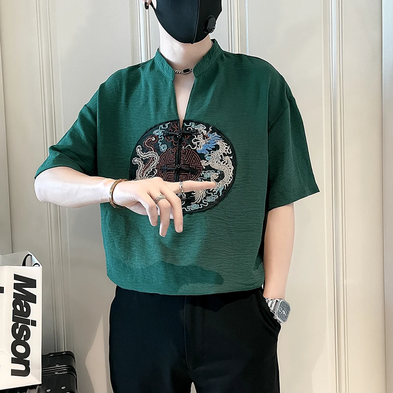 新中式短袖t恤男款夏季中国风盘扣潮牌男装刺绣冰丝V领半袖polo衫