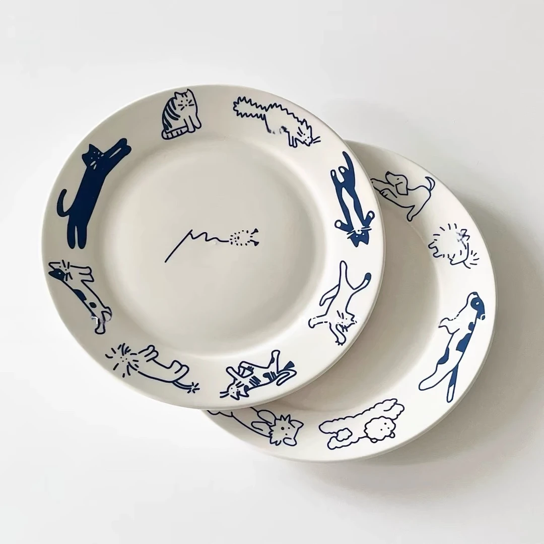 出口韩国复古可爱线描小狗猫猫陶瓷盘8寸卡通甜品早餐盘小众餐具