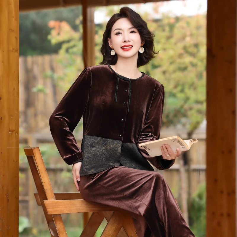 女装春秋套装气质长袖时尚复古中式金丝洋气中老年休闲宽松中国风