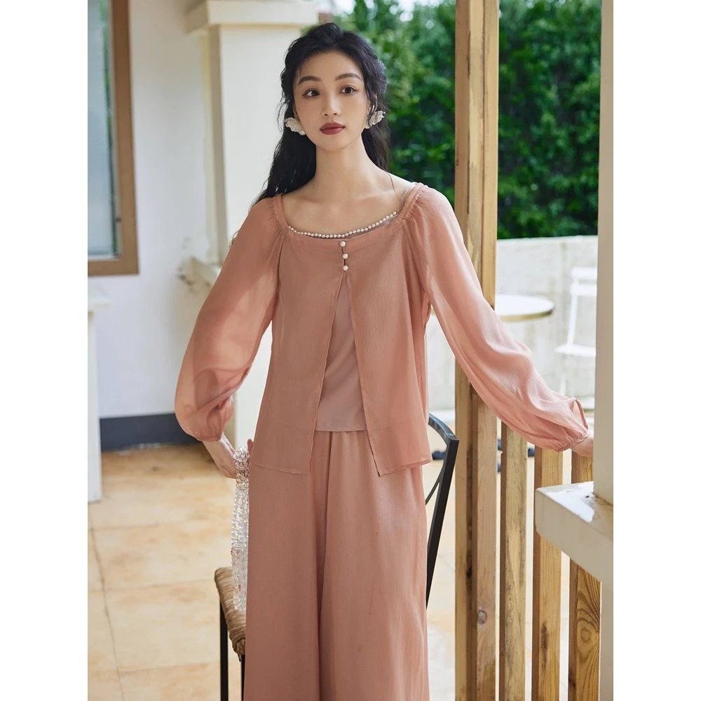 安妮陈珍珠吊带薄开衫裙裤夏装搭配一整套轻熟尚洋气显瘦遮肉套装