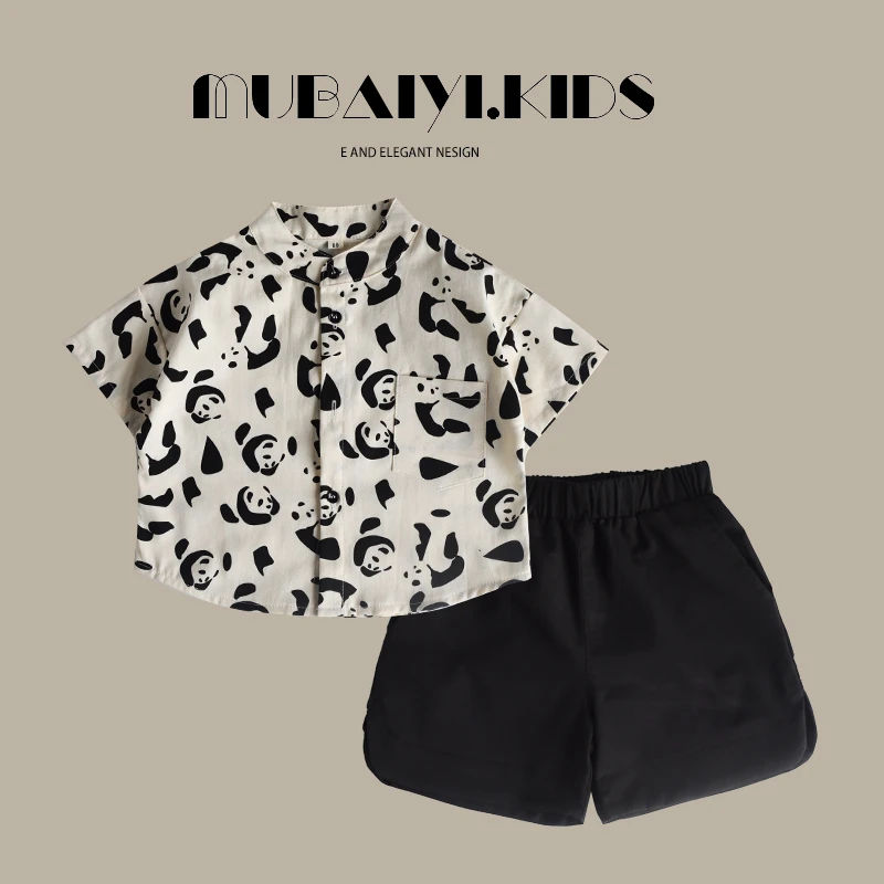 满印熊猫!男童短袖衬衫洋气时尚宝宝男孩薄款帅气衬衣儿童上衣潮