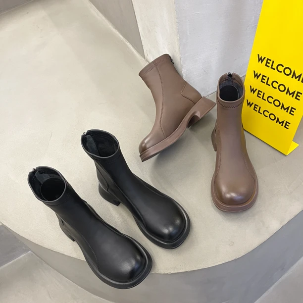 欧美范~短靴加棉中跟切尔西女靴子圆头后拉链显瘦骑士靴7702-1