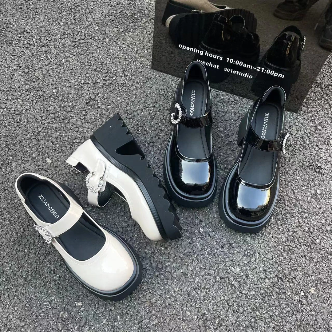 厚底粗跟英伦风玛丽珍鞋女2024年春季新款一字扣高跟学院风8808-1