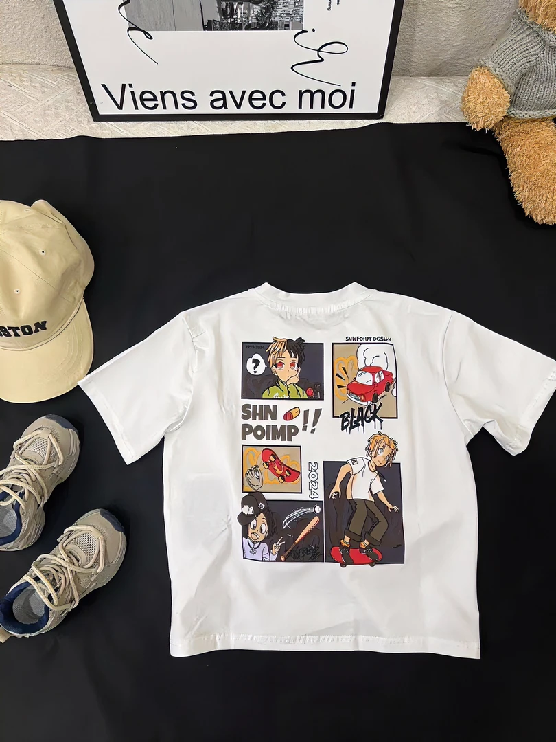 夏季宝宝韩版童装潮流休闲儿童印花白色时尚百打搭宝宝白t恤小童