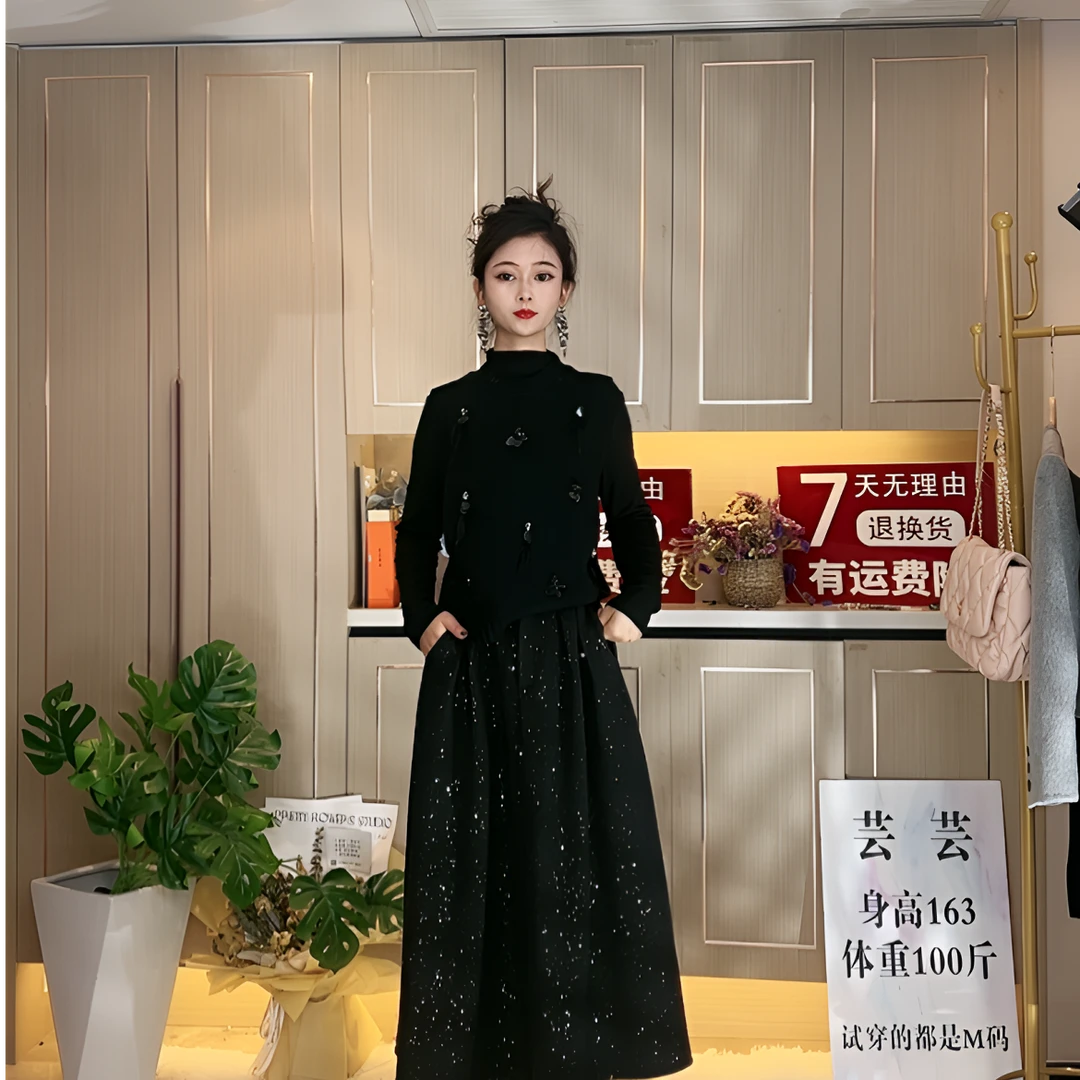 新品~竖纹羊毛呢半身裙显瘦气质复古黑色时尚百搭裙呢子裙口袋