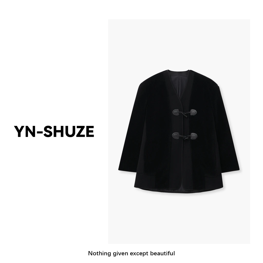 YN-SHUZE【雾黑河畔】设计拼接牛角扣双面呢大衣外套SZ-YNB-19927