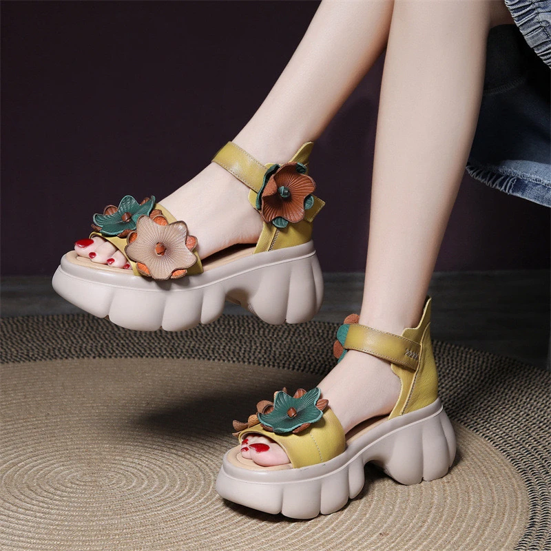 罗马凉鞋复古手工花朵高跟女鞋2024夏季新款休闲厚底百搭鱼嘴鞋女