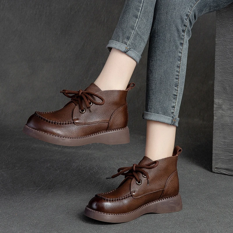 真皮马丁靴2023年秋季新款复古系带纯色短靴平底休闲单靴厚底女靴