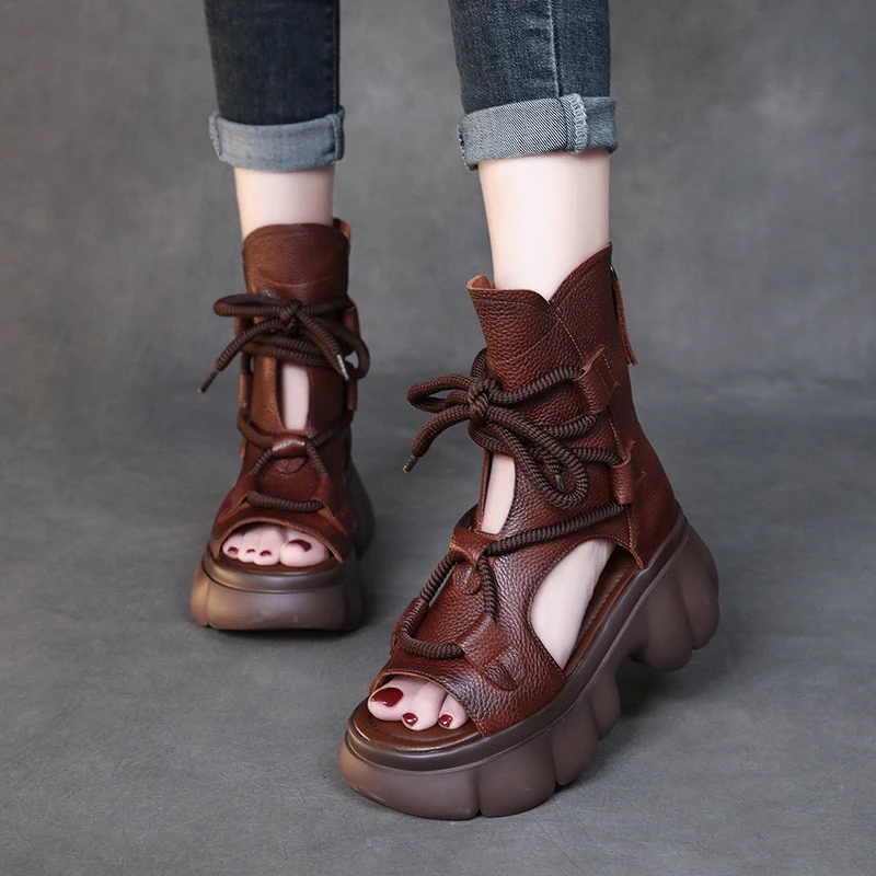 厚底镂空凉靴女夏2024新款复古真皮松糕轻奢百搭短靴高帮鱼嘴凉鞋