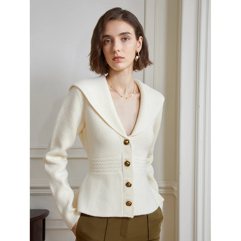 AEL_Studio原创法式慵懒大翻领毛衣软糯时尚V领收腰针织衫 22395