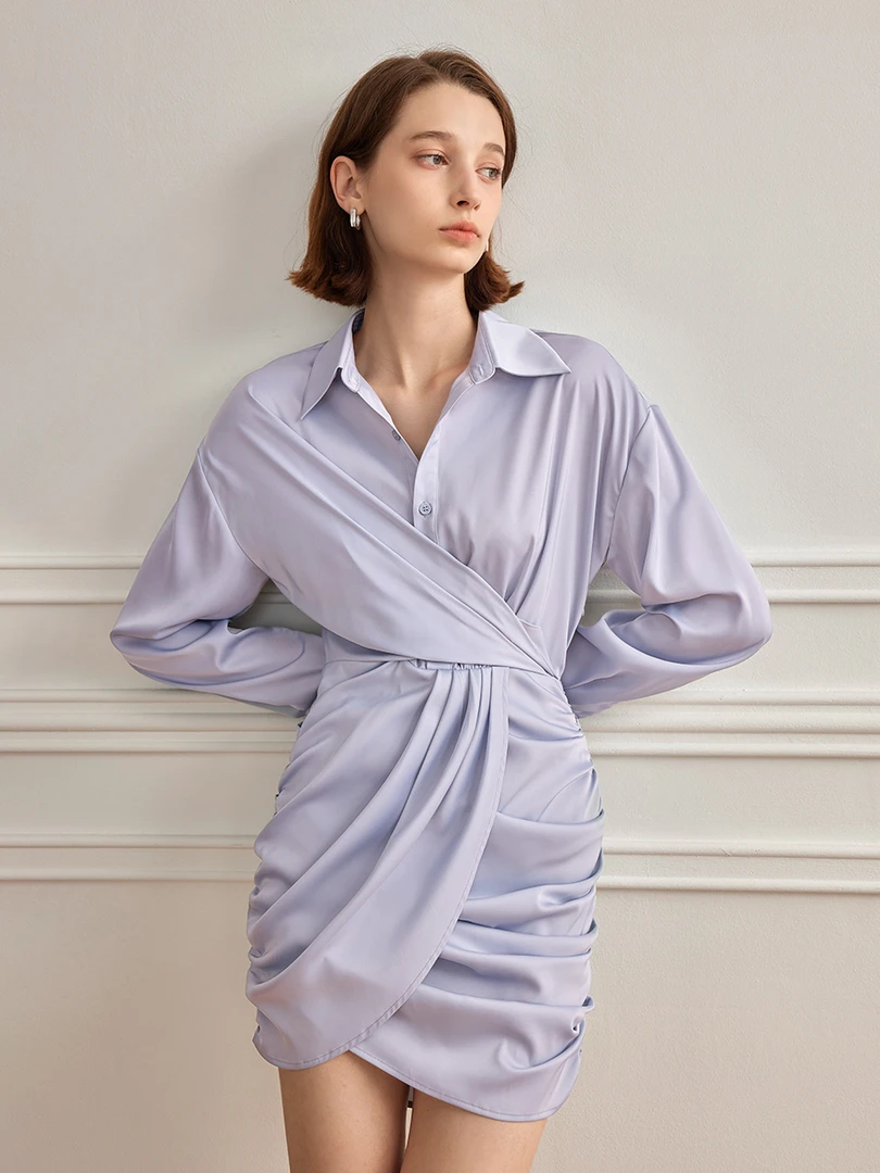 AEL_Studio通勤长袖衬衫夏季连衣裙褶皱衬衫裙小众设计包臀裙气质