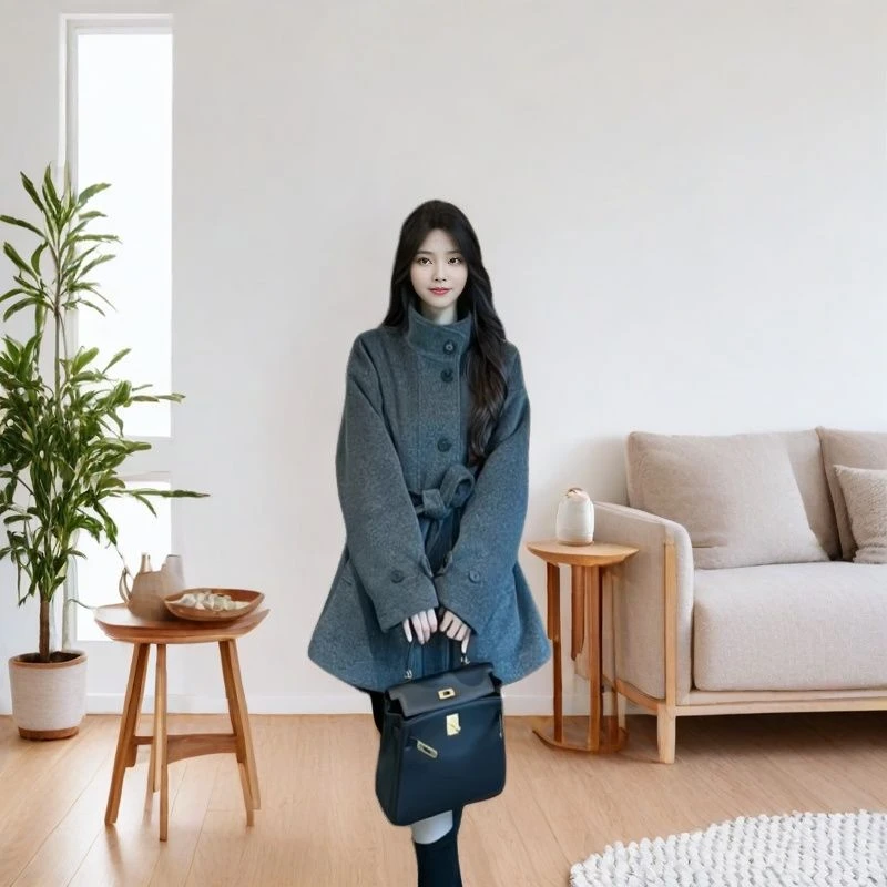 气质毛呢外套2024呢子大衣加厚宽松小个子秋冬新款高领显瘦大衣女
