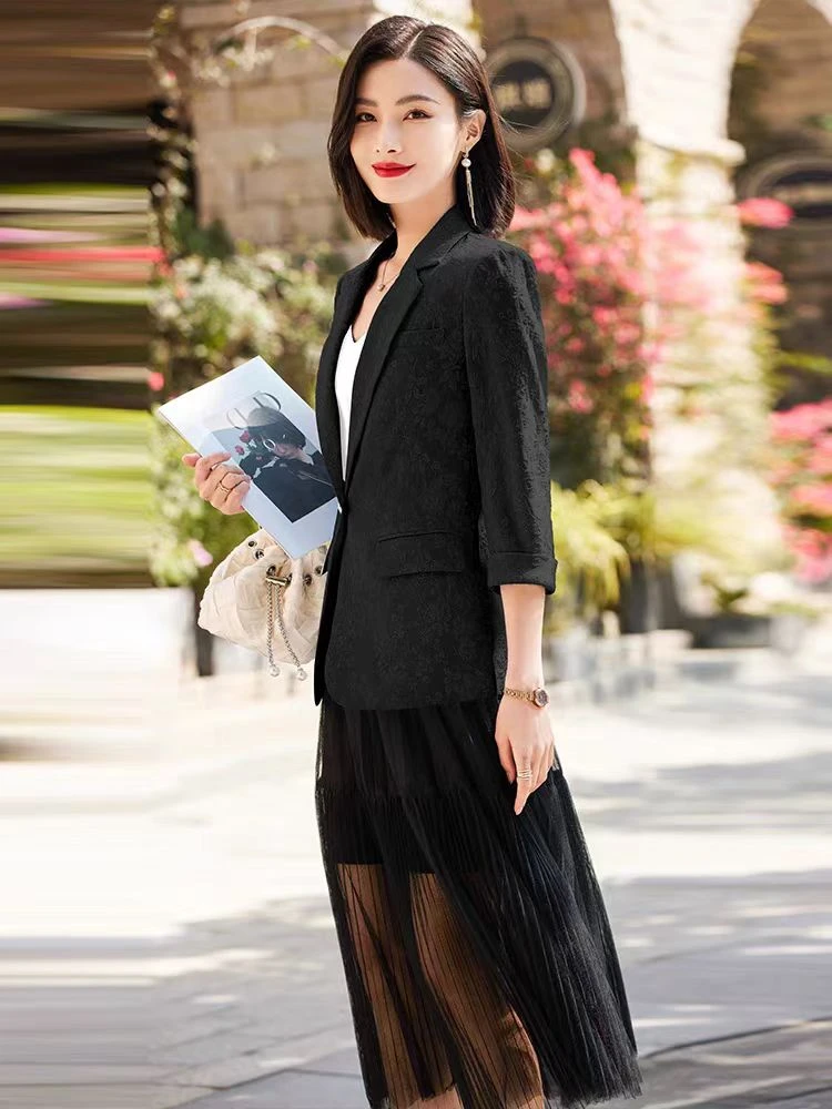 高端时尚提花工艺春夏夏季修身百搭显瘦七分袖小西服薄款中袖9529