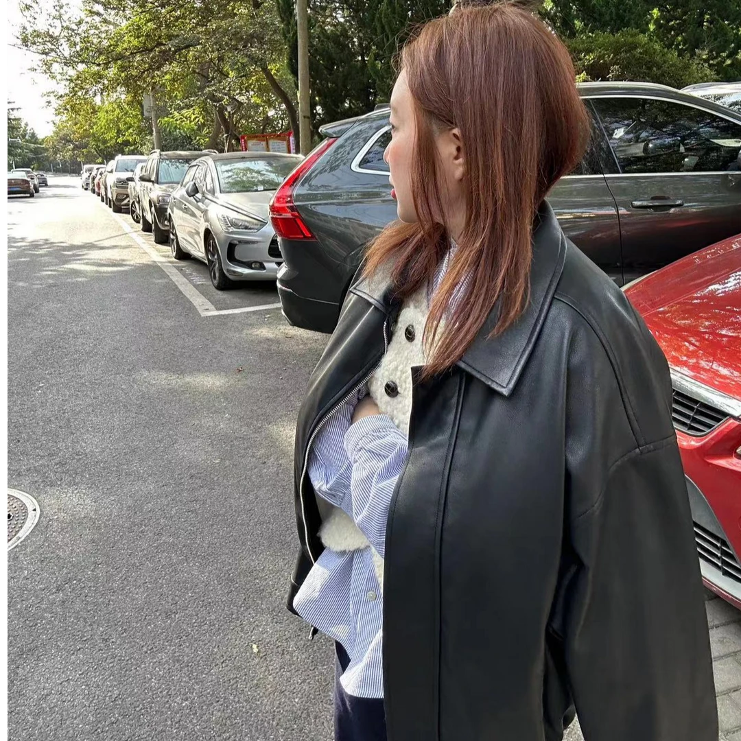 【BORAKOO】黑色翻领PU夹克外套