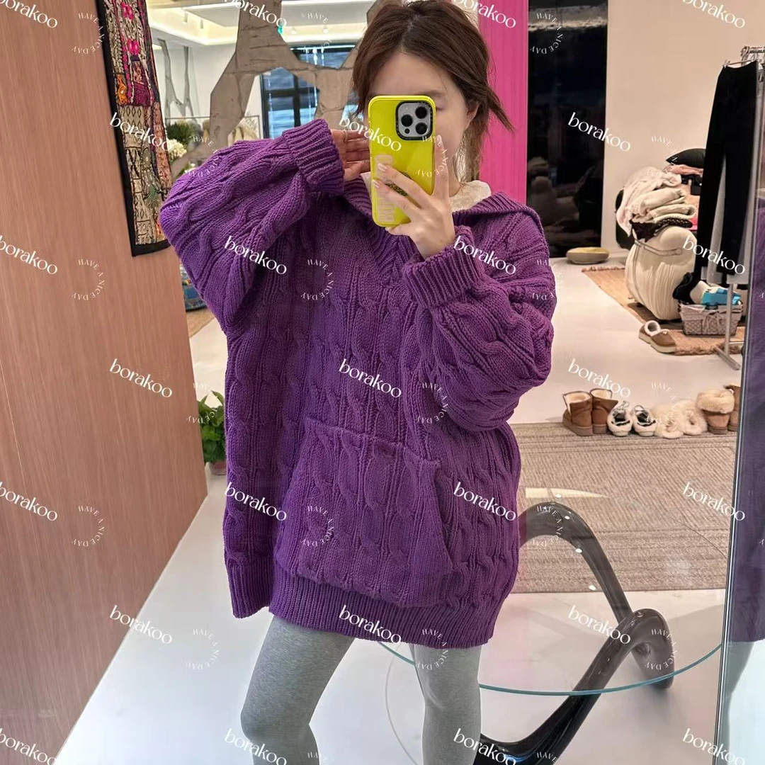 【BORAKOO】紫色V领慵懒大版粗线针织毛衣
