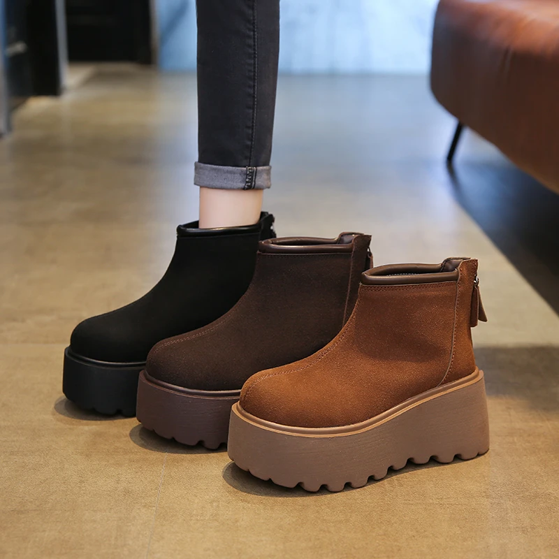 小个子松糕厚底8CM增高2025新款复古短靴冬加绒马丁靴女保暖棉鞋