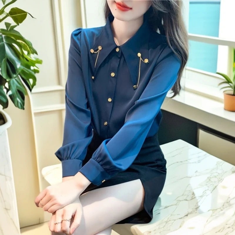 法式高级感尖领衬衫女长袖秋季新款链条设计感雪纺衬衣时尚上衣潮