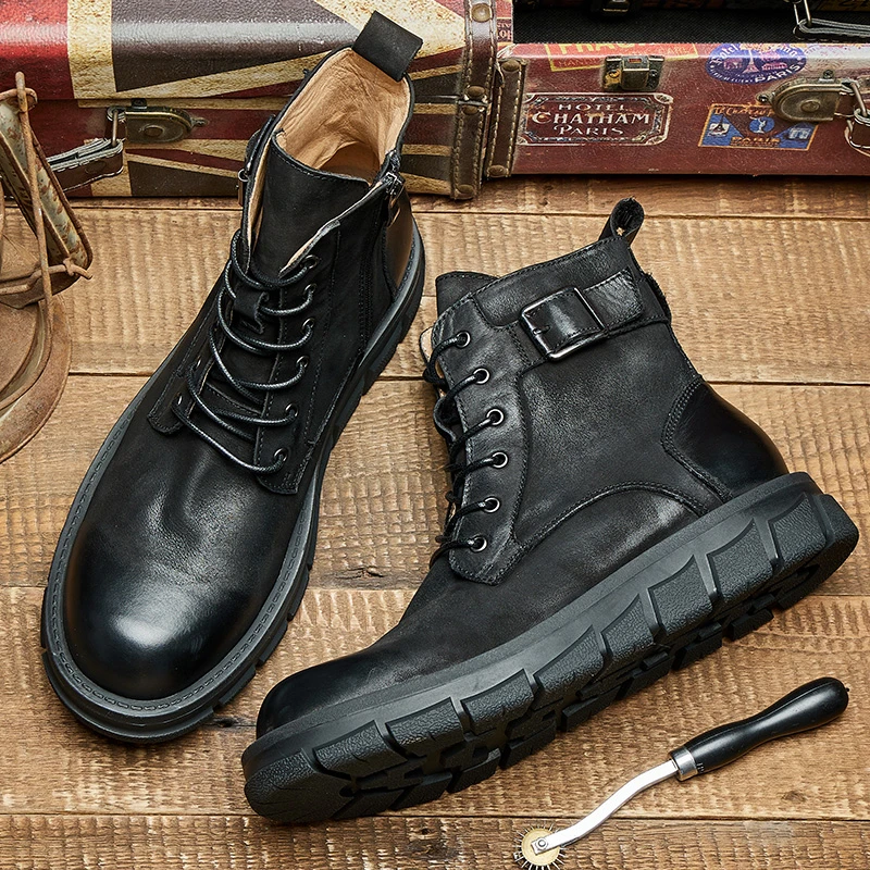 秋冬复古马丁靴男士圆头英伦风真皮男鞋高帮厚底时尚百搭工装靴