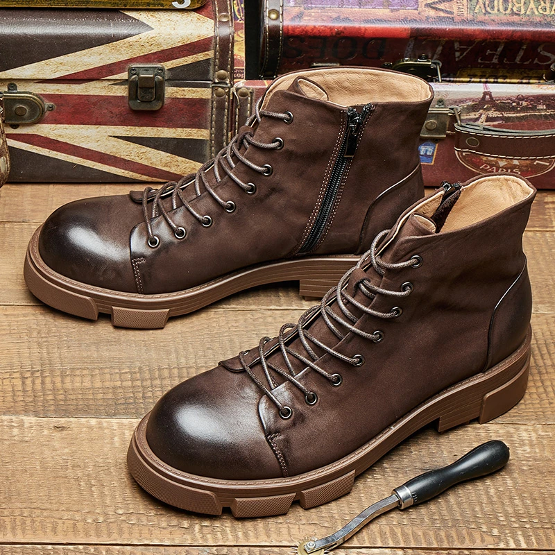阿美咔叽厚底马丁靴男圆头复古短脸工装靴侧拉链秋冬高帮牛皮靴子