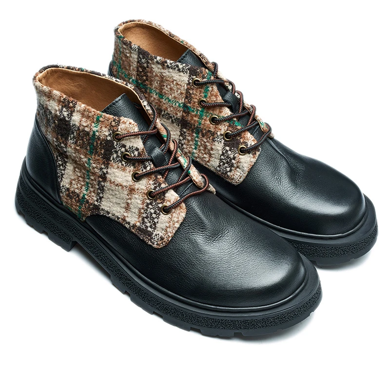 原创秋季英伦马丁靴男士真皮复古拼接中帮潮流男鞋英伦风短靴厚底